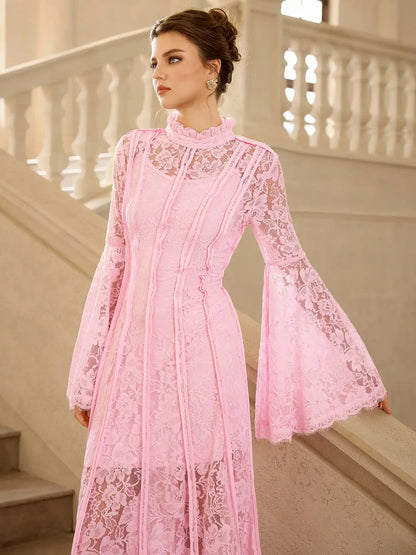 Pink Lace High Neck Flared Sleeve Midi Dress