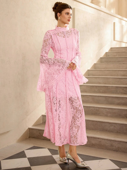 Pink Lace High Neck Flared Sleeve Midi Dress