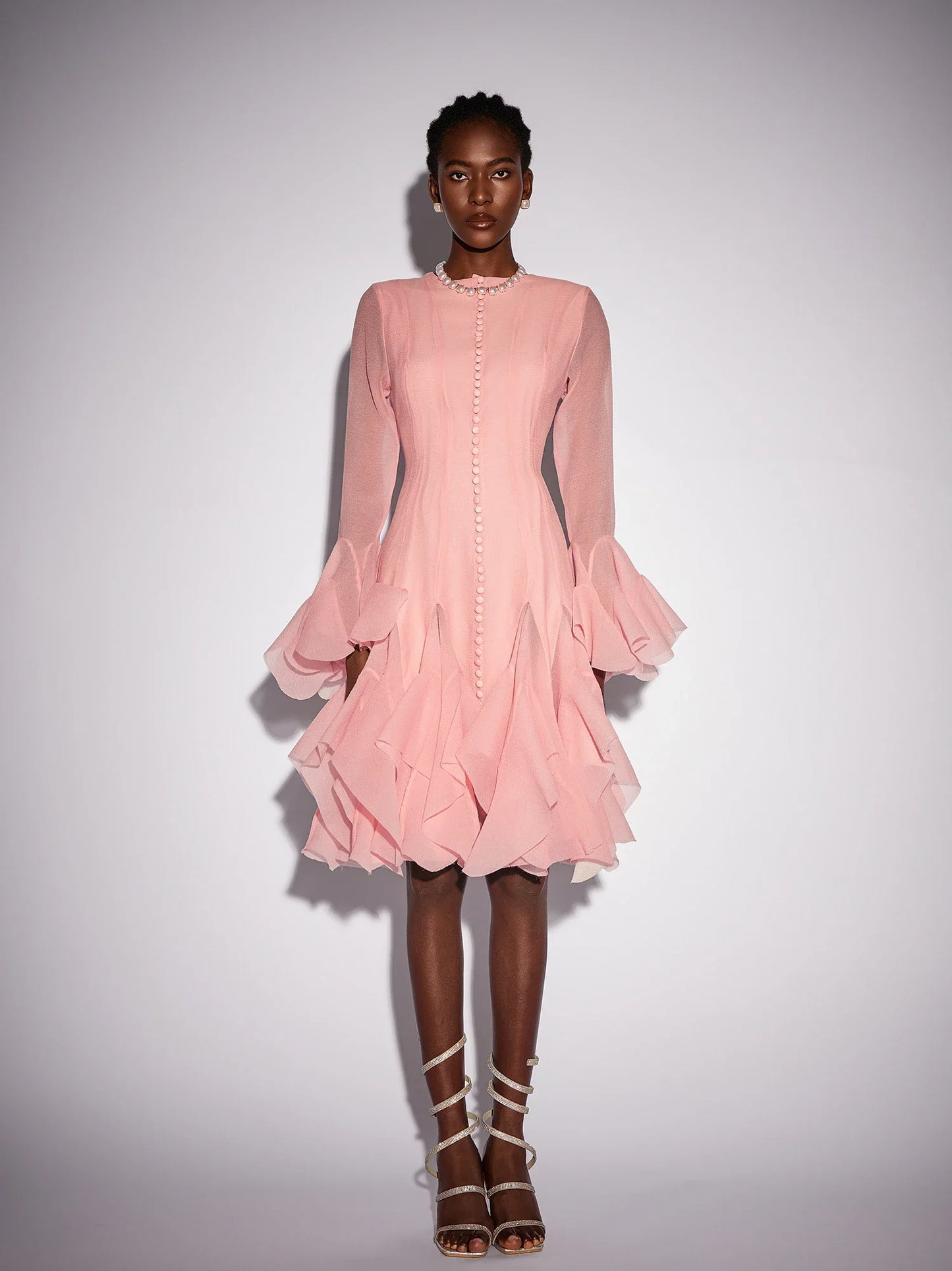 Pink Ruffled Tulle Midi Dress