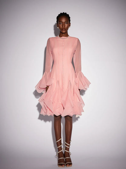 Pink Ruffled Tulle Midi Dress