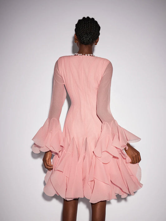 Pink Ruffled Tulle Midi Dress