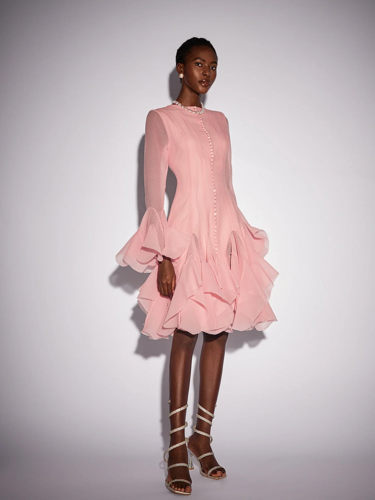 Pink Ruffled Tulle Midi Dress