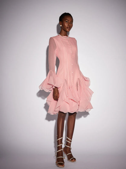 Pink Ruffled Tulle Midi Dress