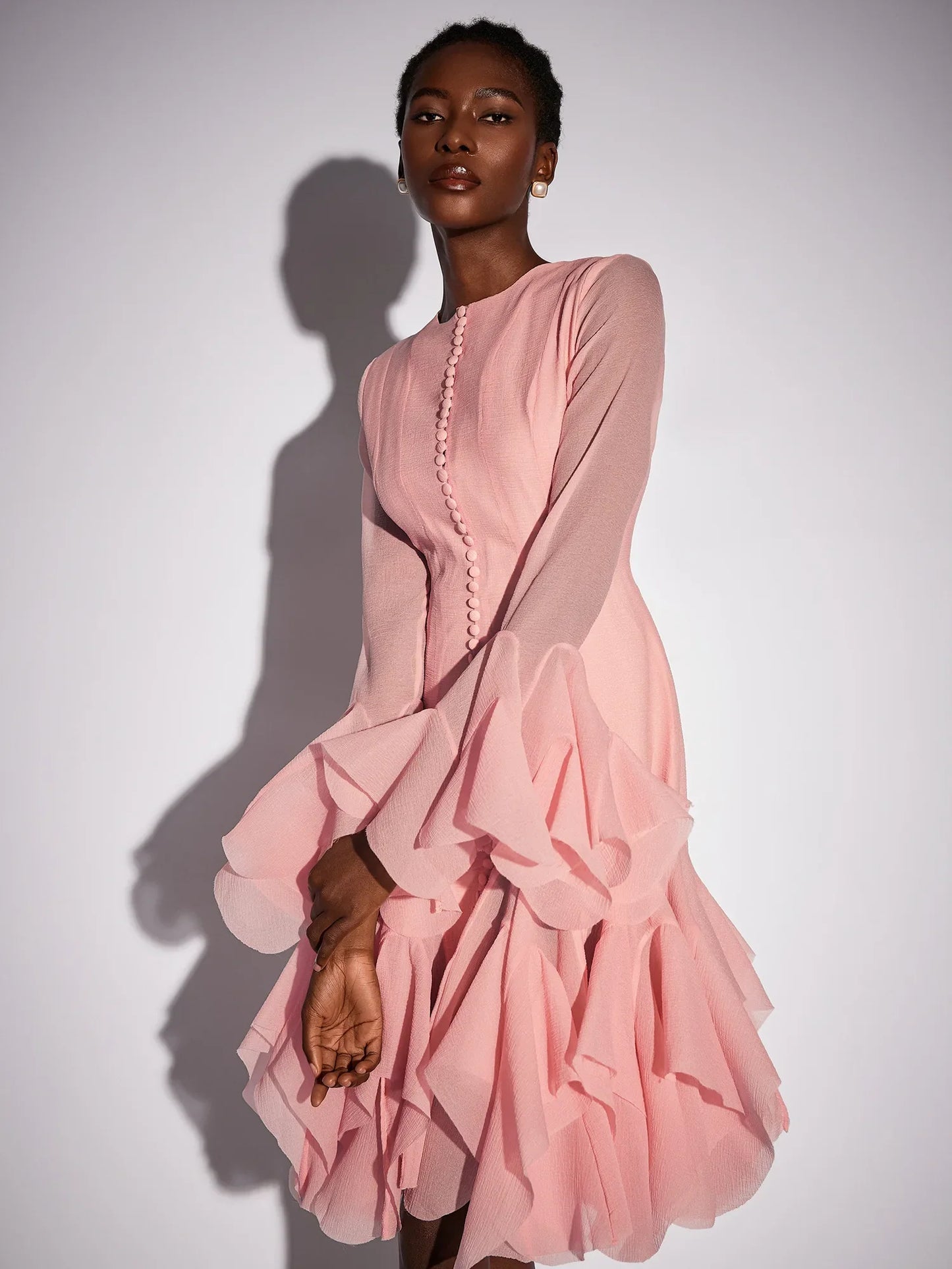 Pink Ruffled Tulle Midi Dress