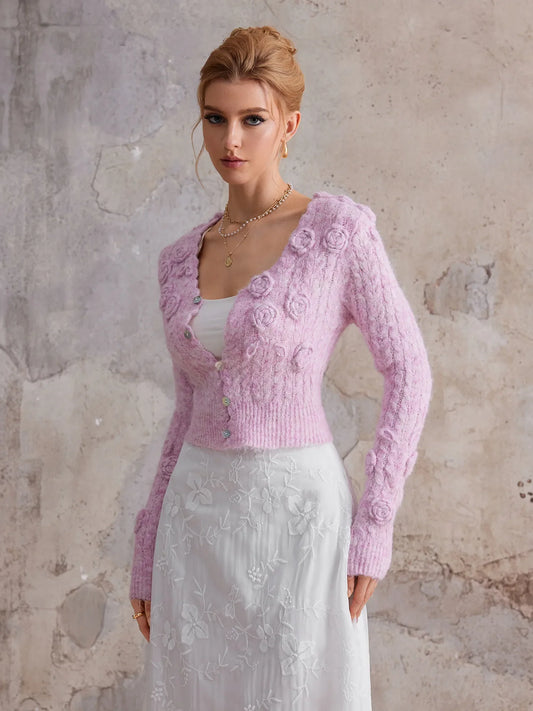 Pink three-dimensional flower V-neck sweater