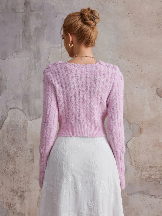 Pink three-dimensional flower V-neck sweater