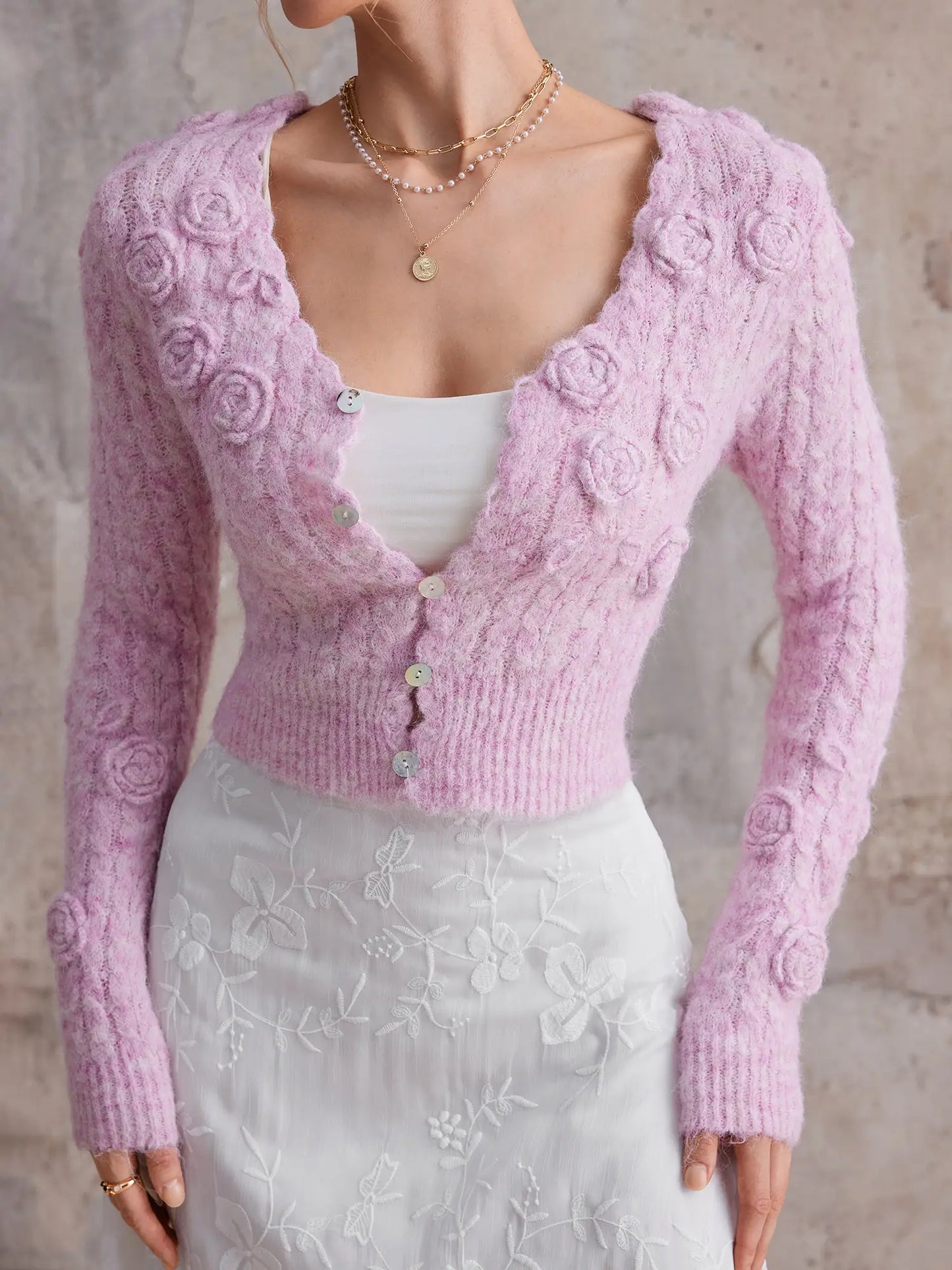 Pink three-dimensional flower V-neck sweater