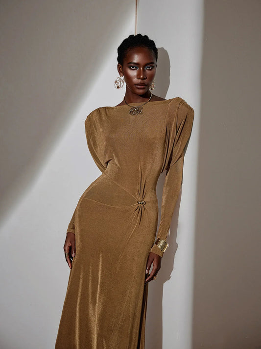 Pleated Bell Sleeve Bardot Neck Maxi Dress