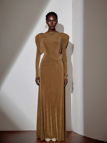 Pleated Bell Sleeve Bardot Neck Maxi Dress