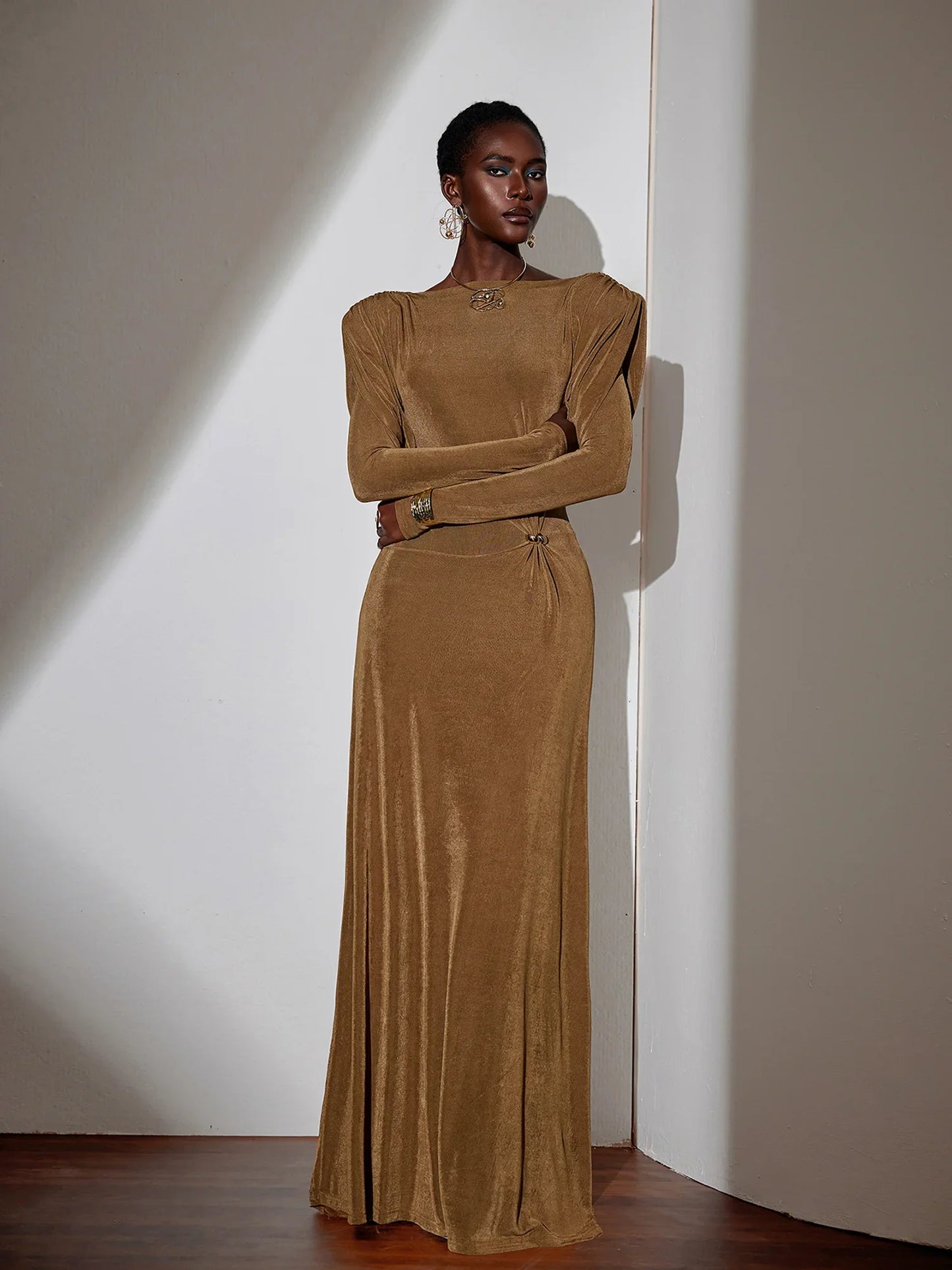 Pleated Bell Sleeve Bardot Neck Maxi Dress