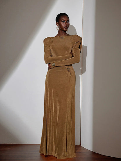 Pleated Bell Sleeve Bardot Neck Maxi Dress
