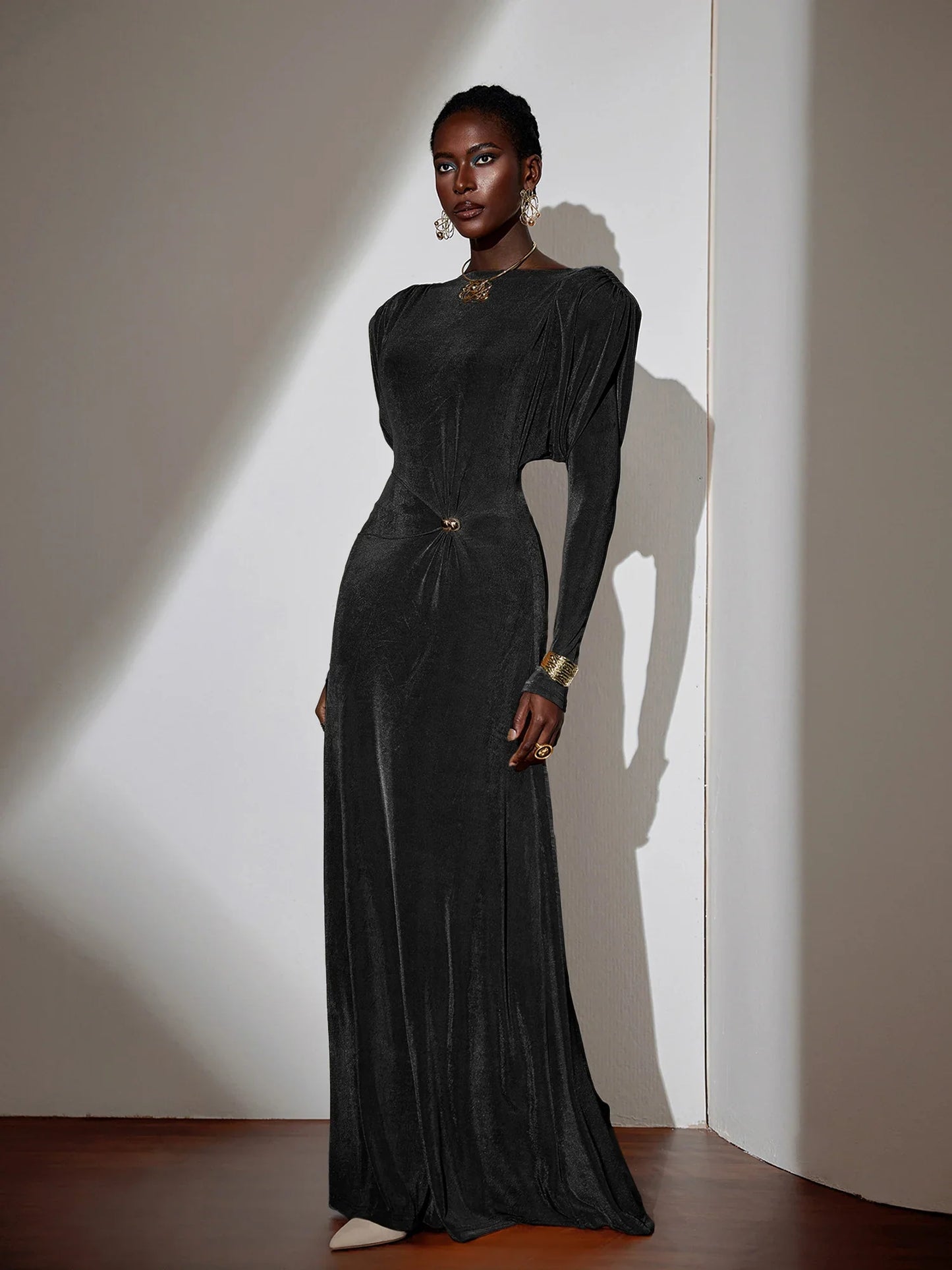 Pleated Bell Sleeve Bardot Neck Maxi Dress