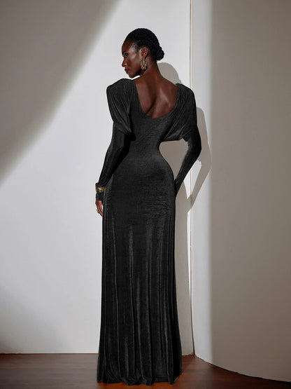 Pleated Bell Sleeve Bardot Neck Maxi Dress