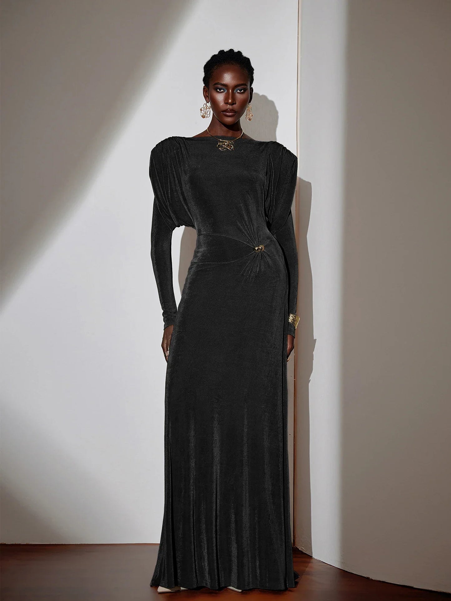 Pleated Bell Sleeve Bardot Neck Maxi Dress