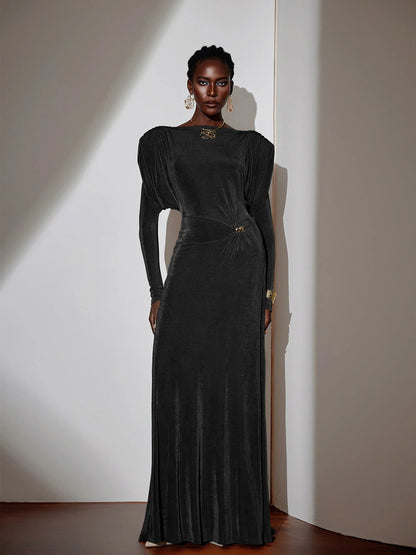 Pleated Bell Sleeve Bardot Neck Maxi Dress