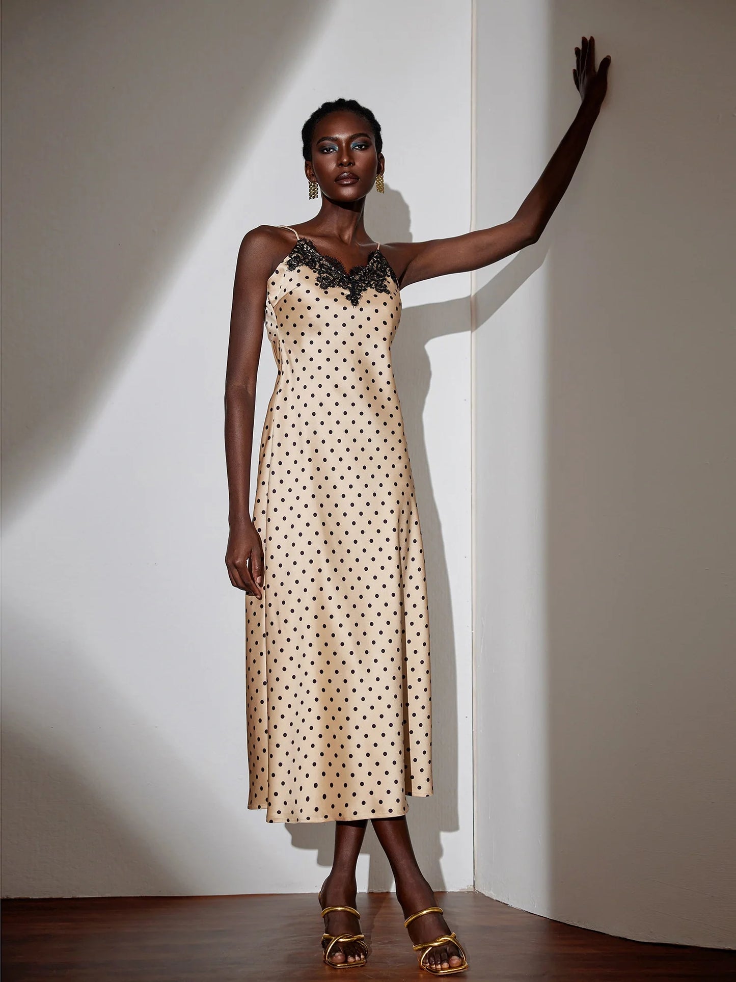 Vintage Brown Polka Dot Midi Dress with Lace Neckline
