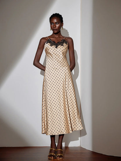 Vintage Brown Polka Dot Midi Dress with Lace Neckline