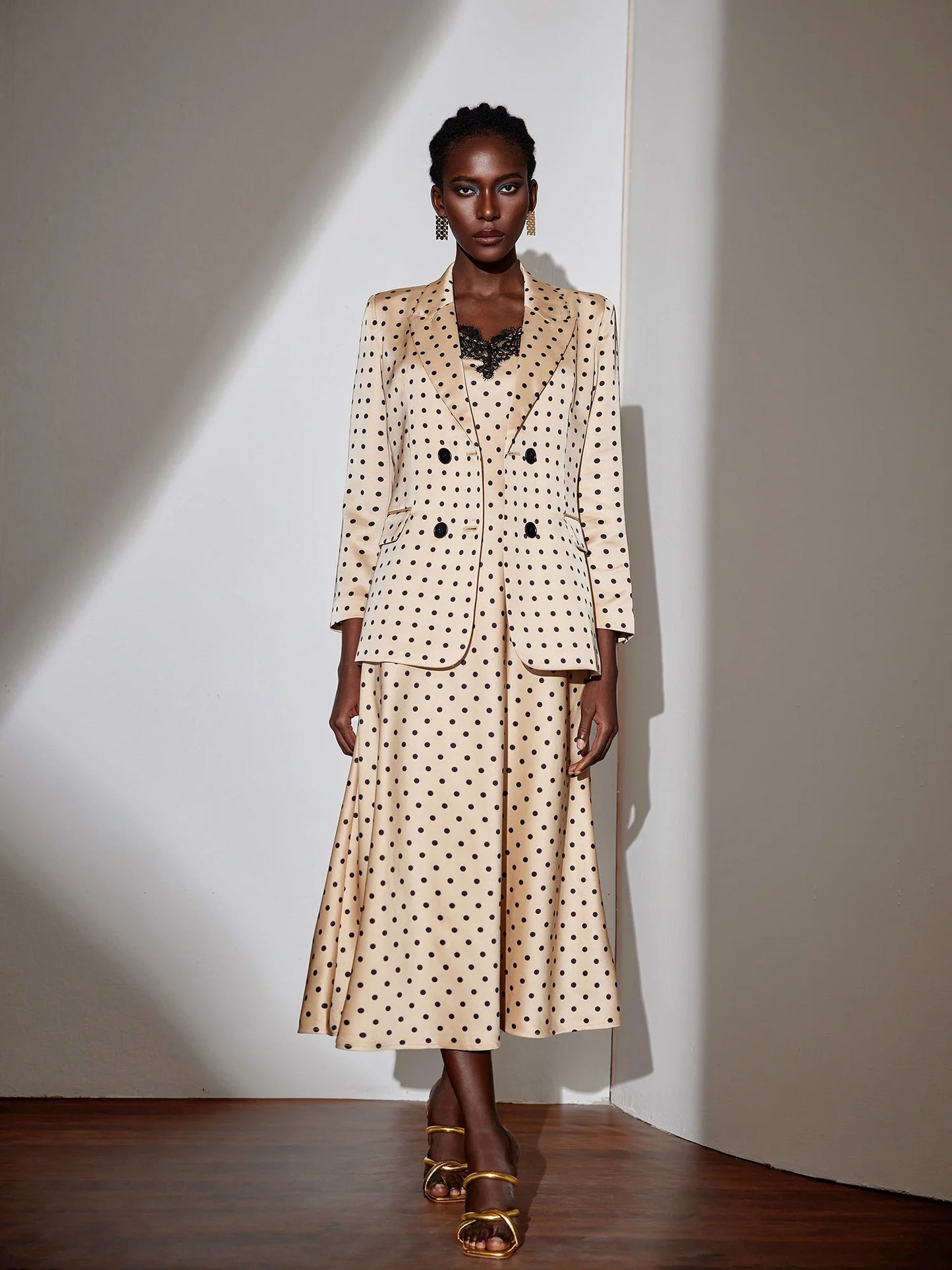 Polka Dot Lace Midi Dress with Blazer Set