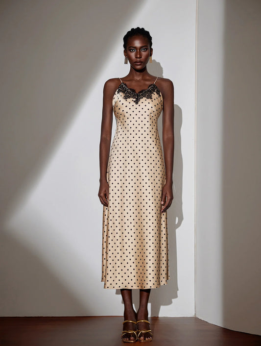 Vintage Brown Polka Dot Midi Dress with Lace Neckline