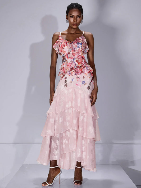 Printed Ruffle-Hem Strap Midi Dress