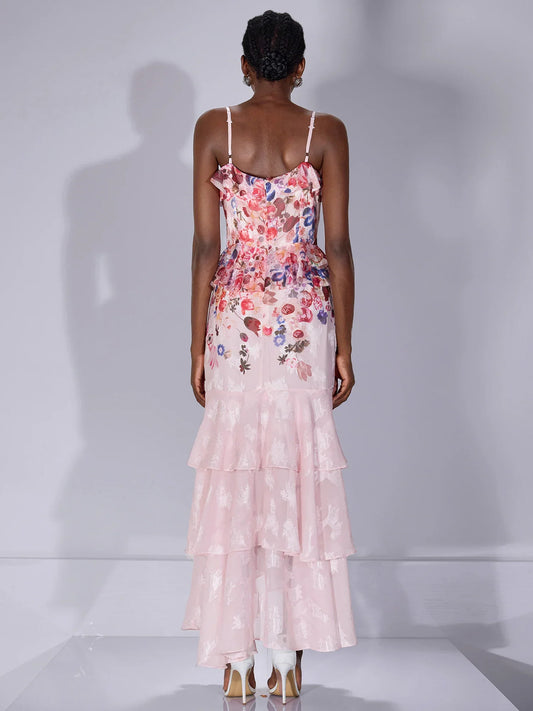 Printed Ruffle-Hem Strap Midi Dress