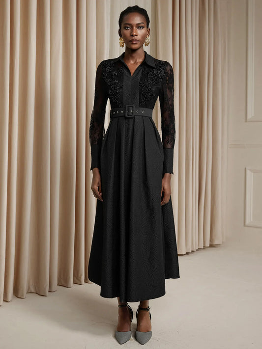 Printed Sheer Beaded Maxi Dress with Belt