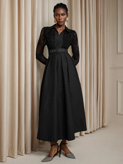 Printed Sheer Beaded Maxi Dress with Belt