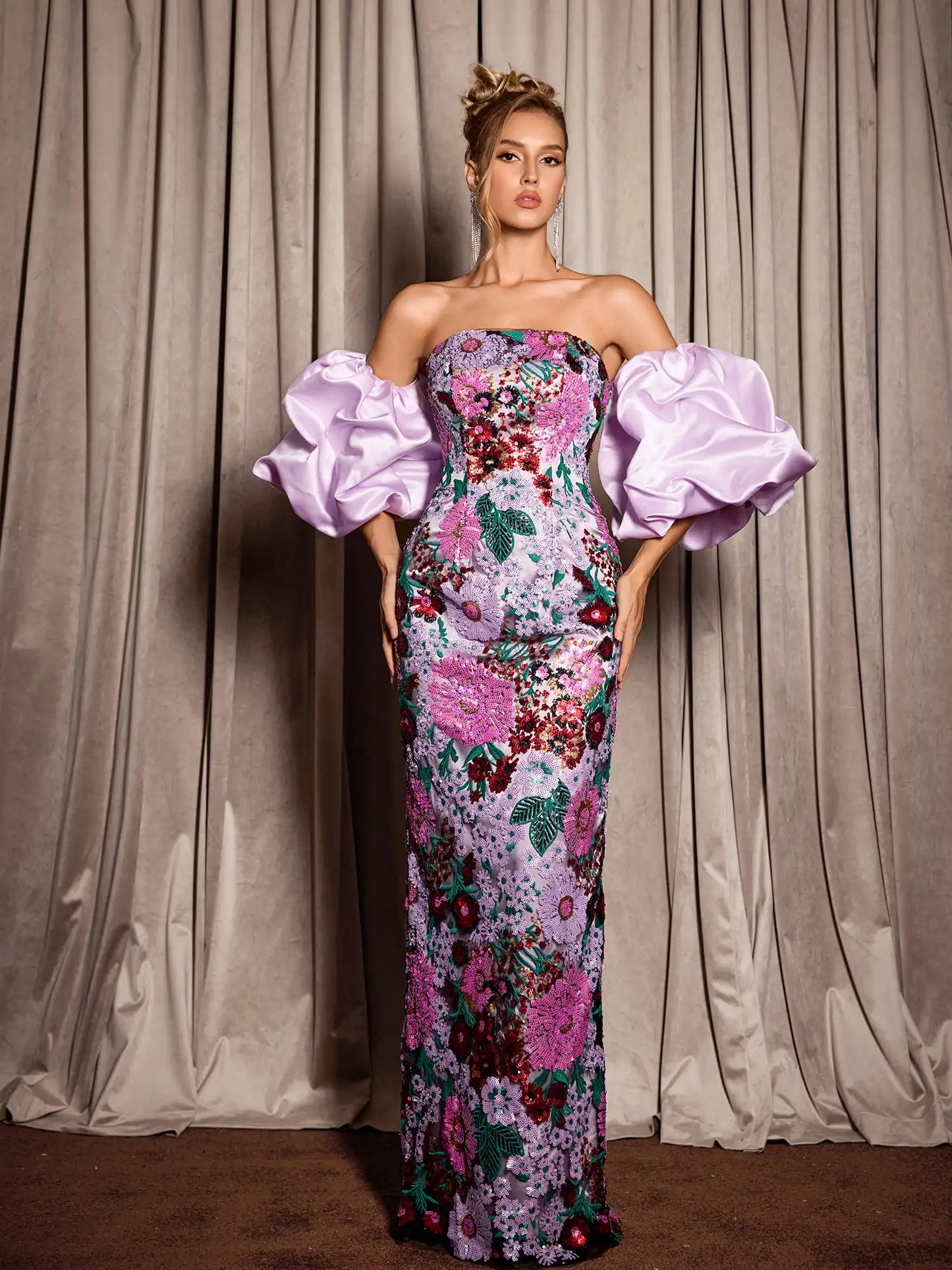 Puff Sleeve Floral Evening Maxi Dress