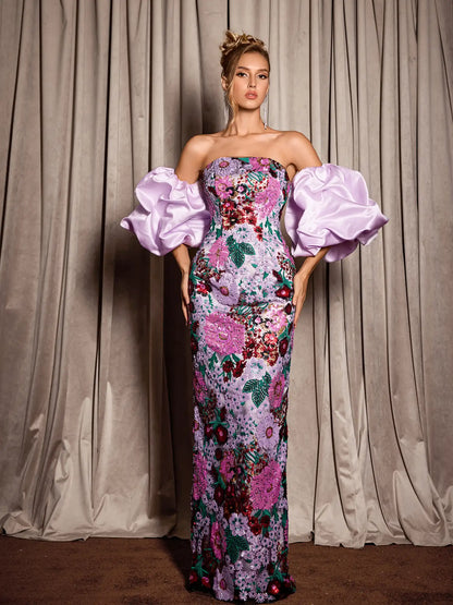 Puff Sleeve Floral Evening Maxi Dress