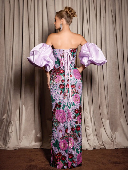 Puff Sleeve Floral Evening Maxi Dress
