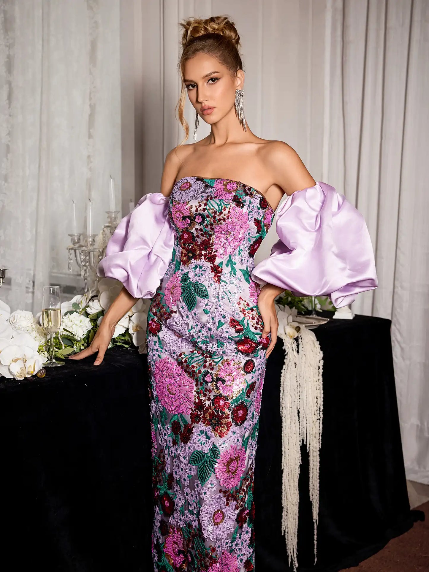 Puff Sleeve Floral Evening Maxi Dress