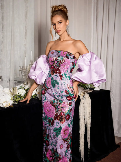 Puff Sleeve Floral Evening Maxi Dress