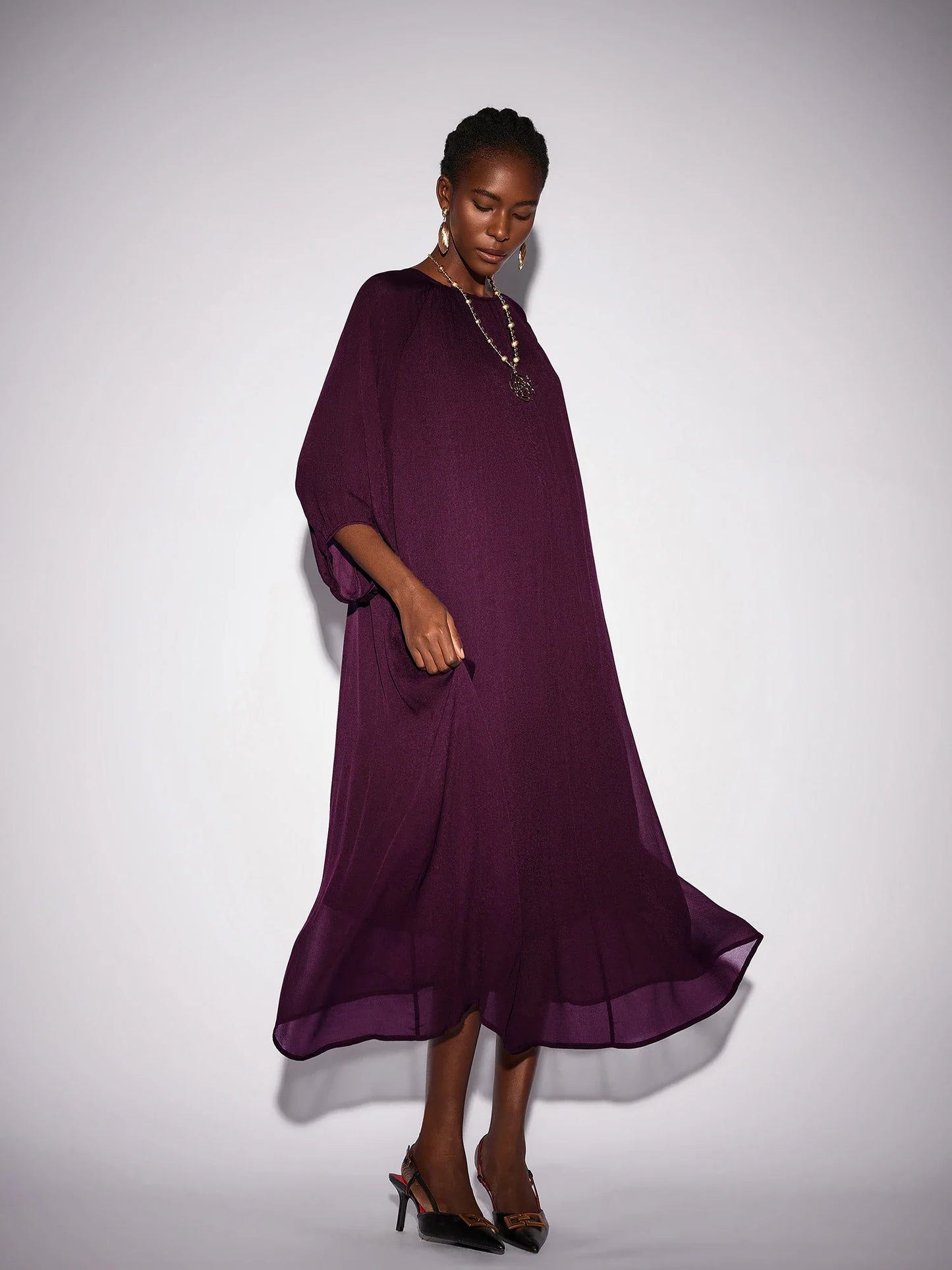 Purple Crew Neck Mesh Midi Dress