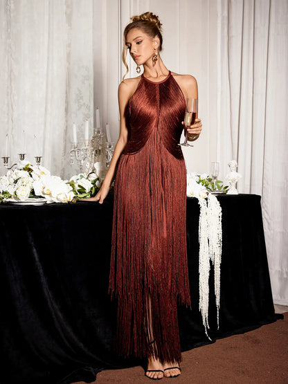 Red Fringe Off-Shoulder Evening Midi Dress