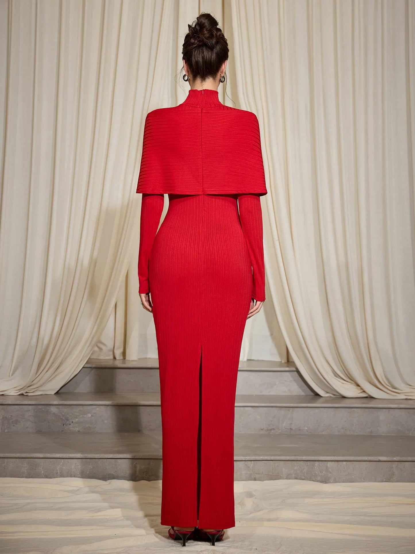 Red Ribbed Cross Wrap Turtleneck Midi Dress