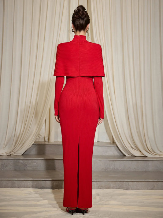 Red Ribbed Cross Wrap Turtleneck Midi Dress