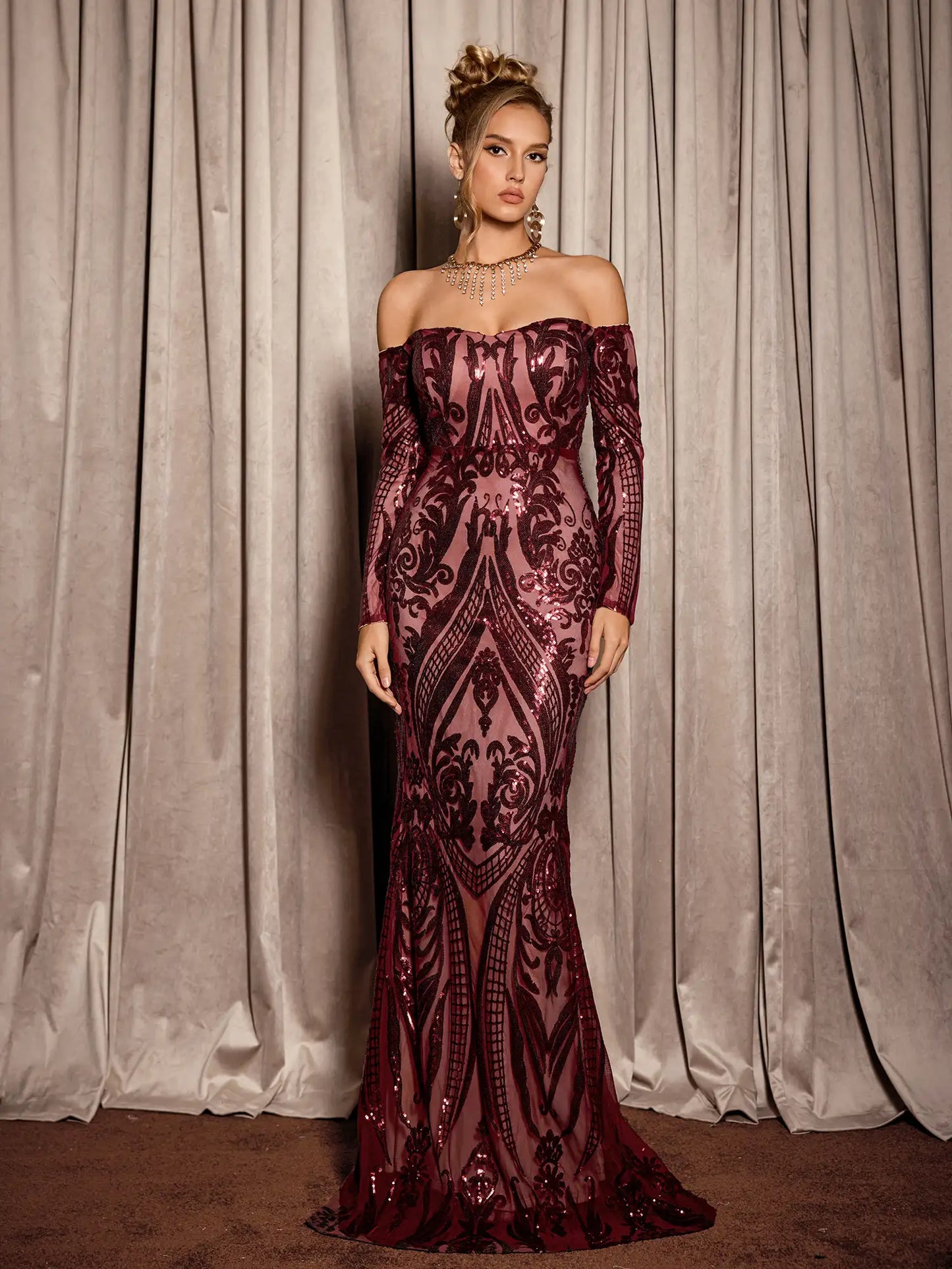 Red Sequin Pattern Evening Maxi Dress