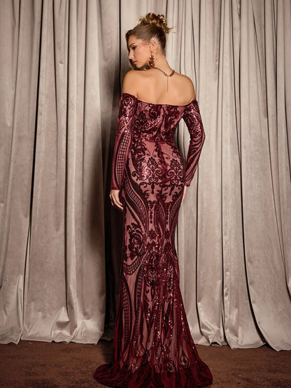 Red Sequin Pattern Evening Maxi Dress