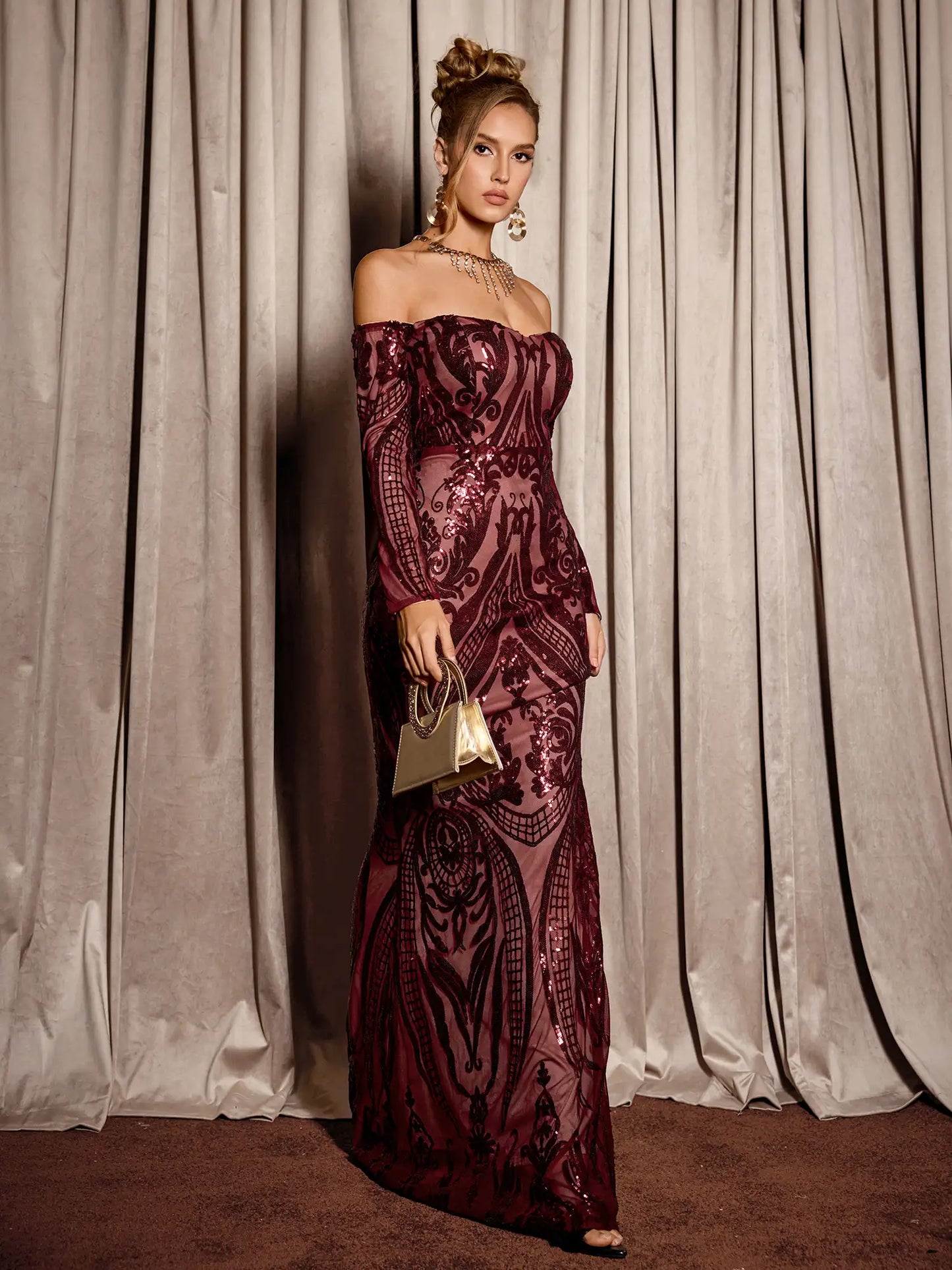 Red Sequin Pattern Evening Maxi Dress
