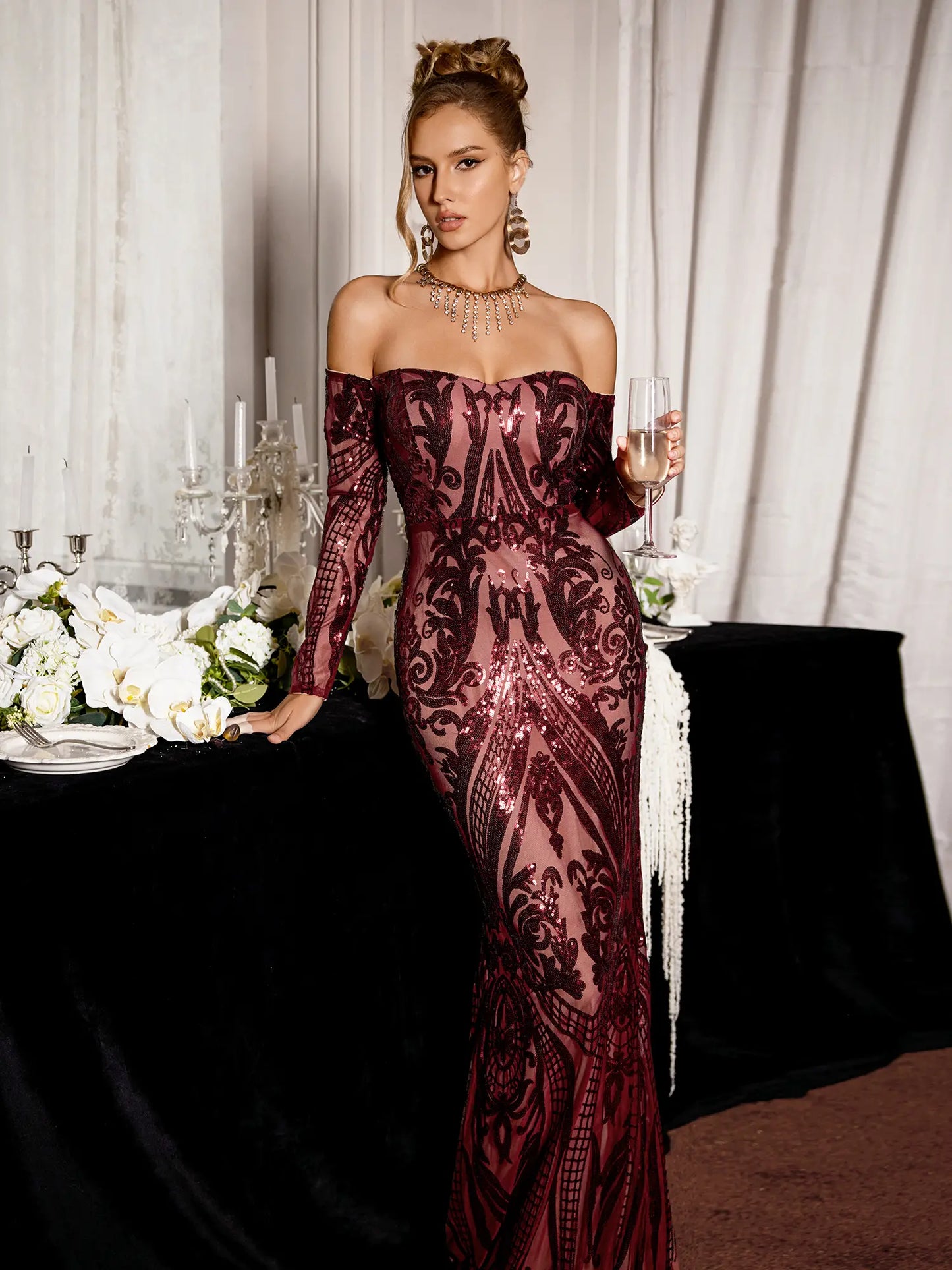 Red Sequin Pattern Evening Maxi Dress