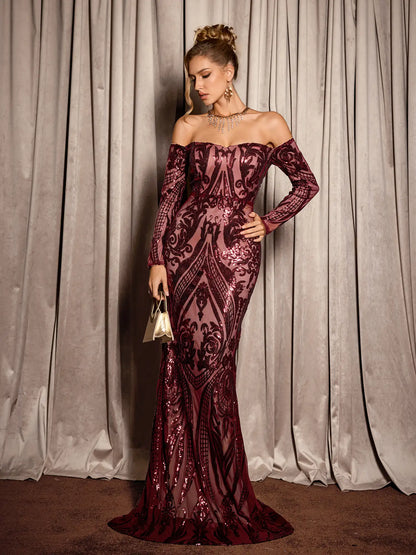 Red Sequin Pattern Evening Maxi Dress