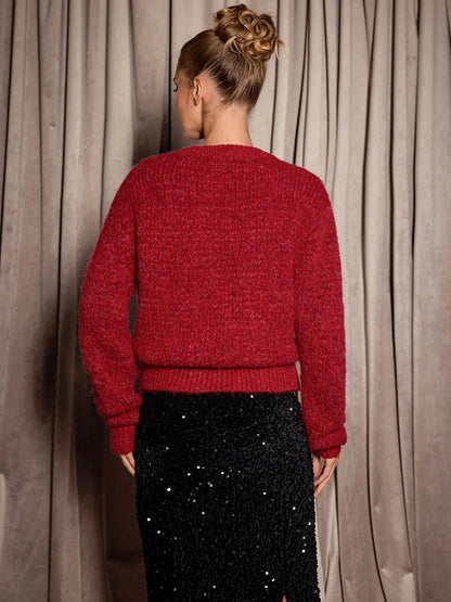 Red V-Neck Elegant Daily Knit Sweater
