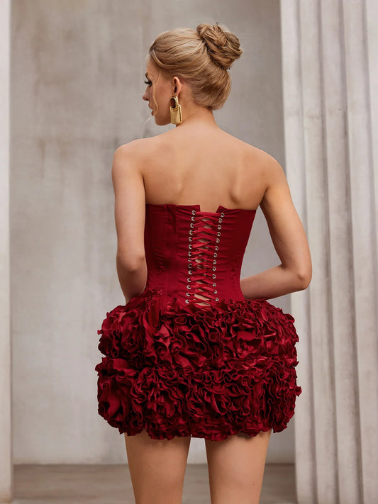 Red fluffy strapless mini dress