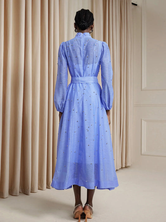 Blue Rhinestone Sheer Tie Midi Dress