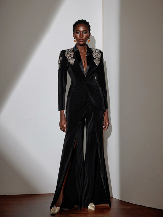 Elegant Black V-Neck Pantsuit with Rhinestone Blazer