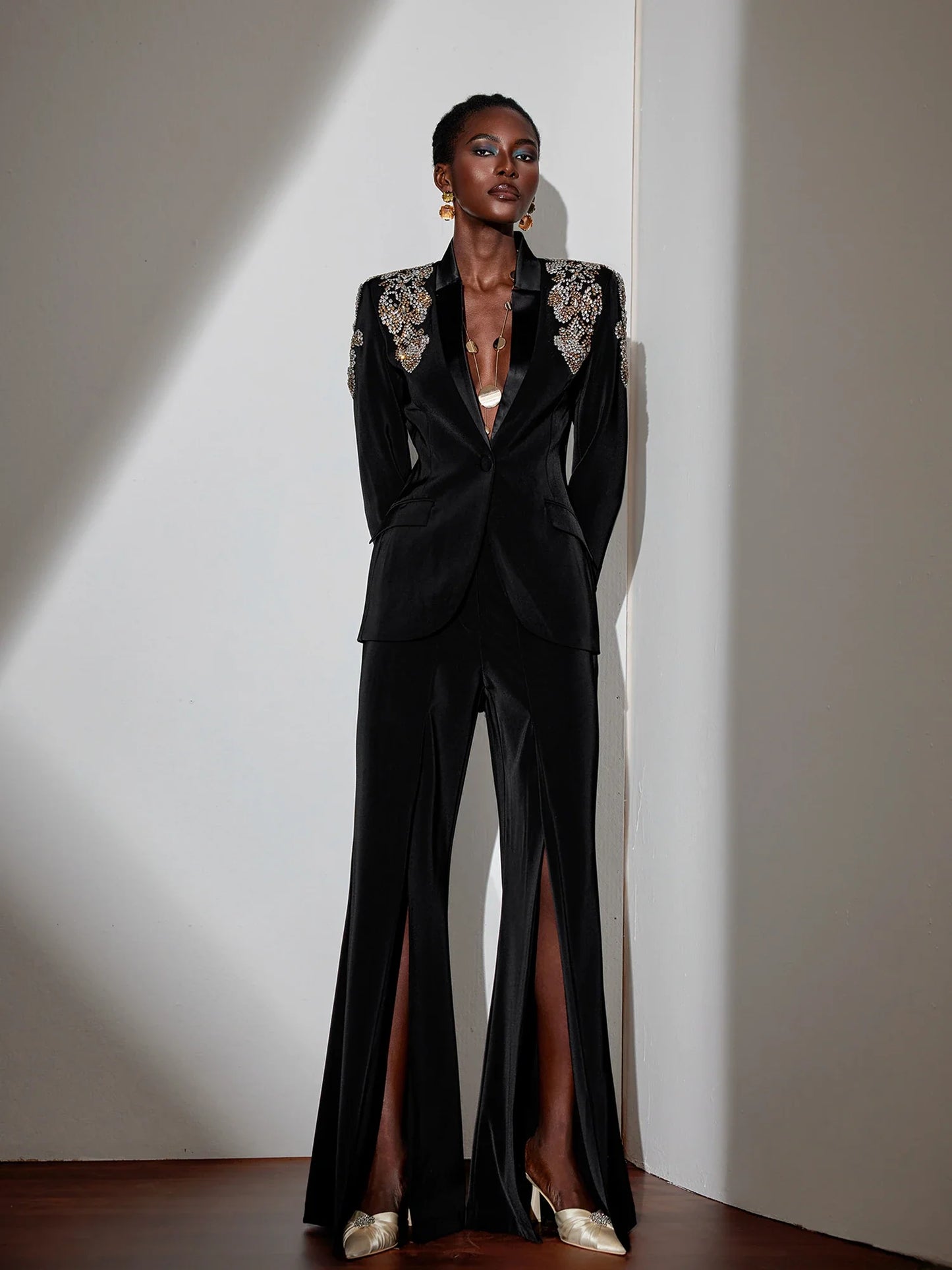 Elegant Black V-Neck Pantsuit with Rhinestone Blazer