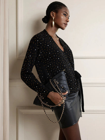 Rhinestone V-Neck Tie-Up Top