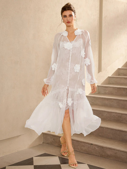 Romantic White Mesh Flower Maxi Dress