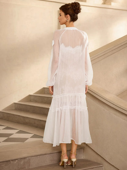 Romantic White Mesh Flower Maxi Dress