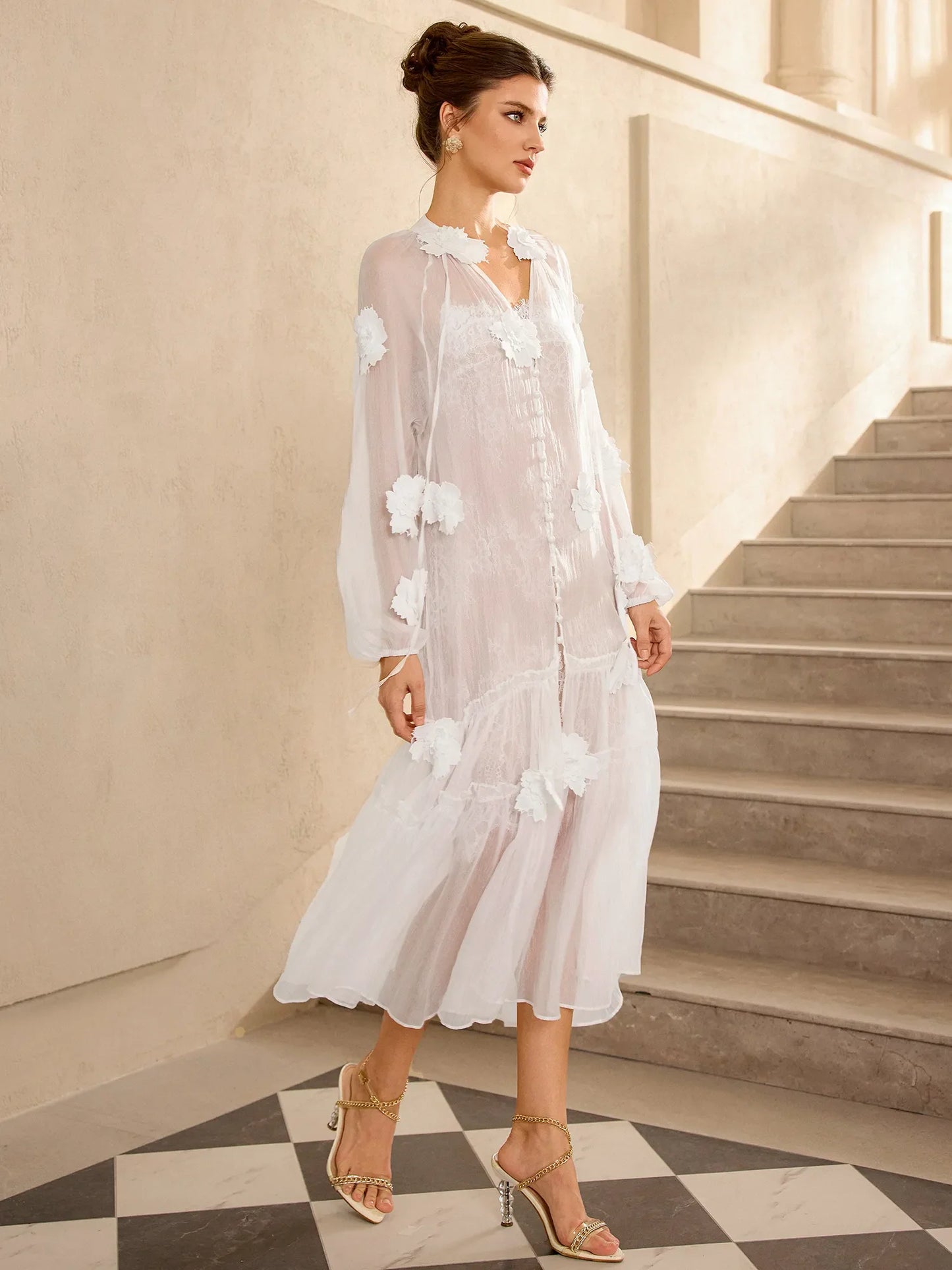 Romantic White Mesh Flower Maxi Dress